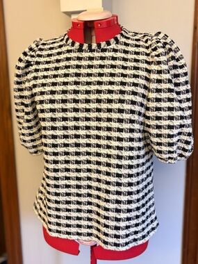 LOFT Black & White Check Puff-Sleeve Women's Top L